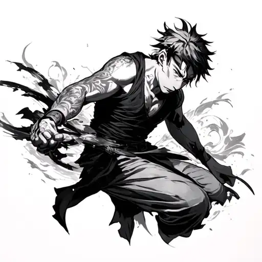 Zenitsu Agatsuma in a dynamic action pose surrounded tattoo design idea