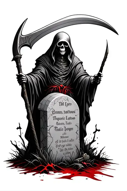 Black and white traditional tattoo style grim reaper with headstone and scythe with blood tattoo design idea