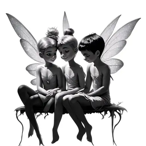 feminine tinkerbell with three boys sitting together listening to tinkerbell tattoo design idea