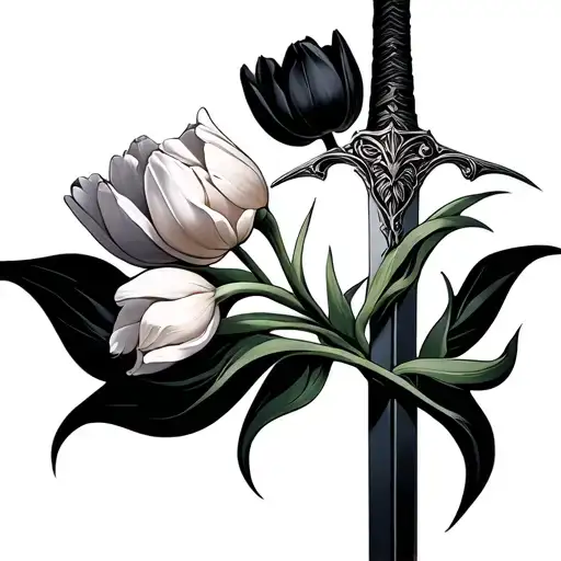 fancy sword with about 5 tulips wrapped on it some open some closed tattoo design idea