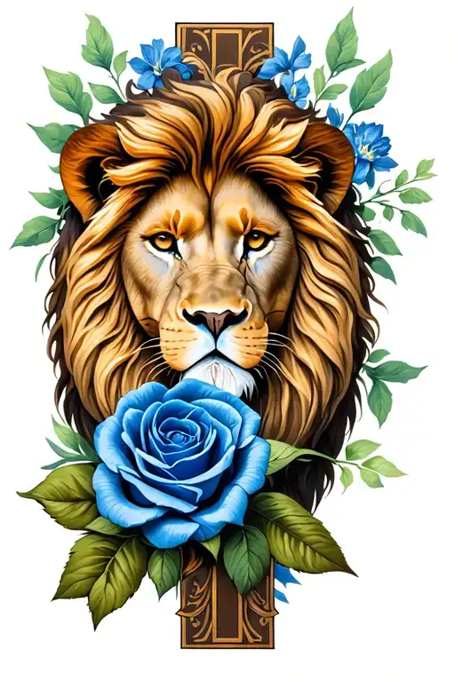 lion in a cross with a blue rose intertwined tattoo design idea