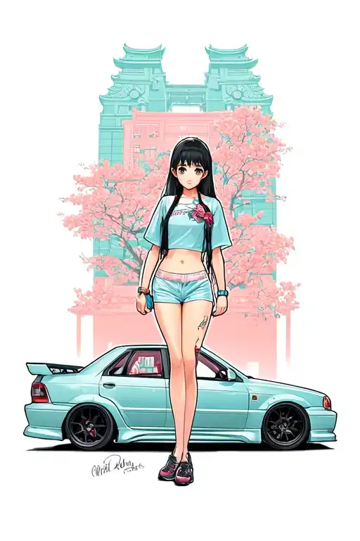 anime girl, japan architecture, jdm car tattoo design idea