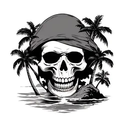 pirate skull with palm trees coming through the eyes, sailor jerry style, island and sunset background tattoo design idea