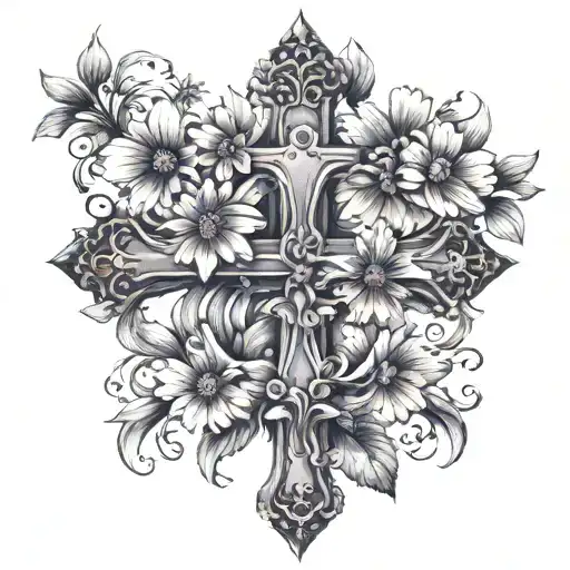 a cross with some shading with a violet, daisy bouquet tattoo design idea