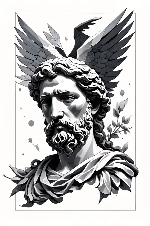 stoic based tattoo, black and grey, geometric design for half or full sleve, aurelius, 4 virtues, icarus, amor fati tattoo design idea