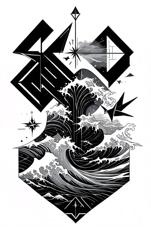 "Still in Motion" geometric, minimalistic forearm tattoo blending an arrow, a compass, a crashing wave, and a paper crane  tattoo design idea