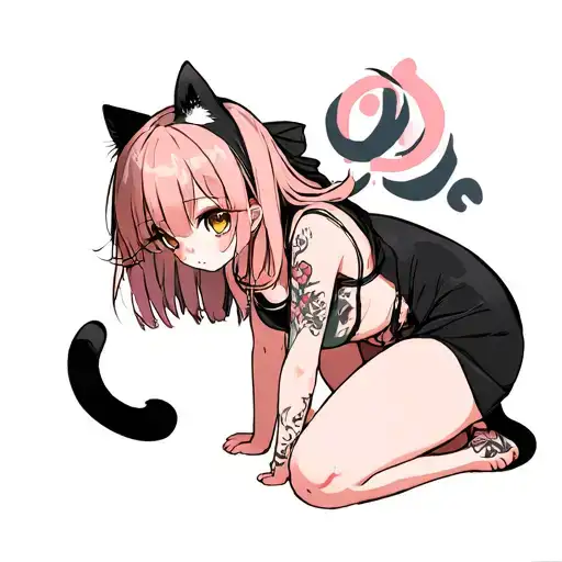 anime girl with big breasts stands on her knees pierced herself a cat tattoo design idea