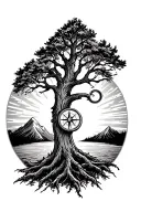 "No Edges" semicolon hidden in an oak tree with a mountain and sunrise in the background, a compass on the trunk of the oak tree tattoo design idea