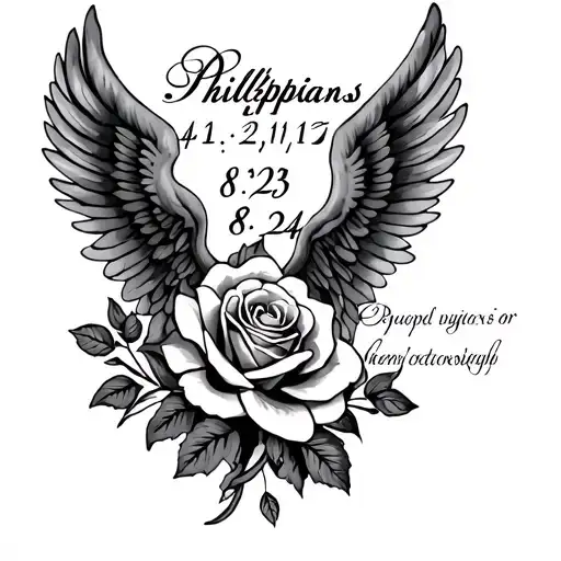 Philippians 4:13 written in cursive with date 2/12/1977 and number 8 and 24 fused with roses and wings tattoo design idea