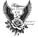 Philippians 4:13 written in cursive with date 2/12/1977 and number 8 and 24 fused with roses and wings tattoo design idea