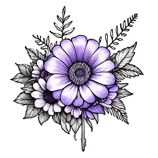 fines line tattoo with violet,marigold, and a guitar pick bouquet  tattoo design idea