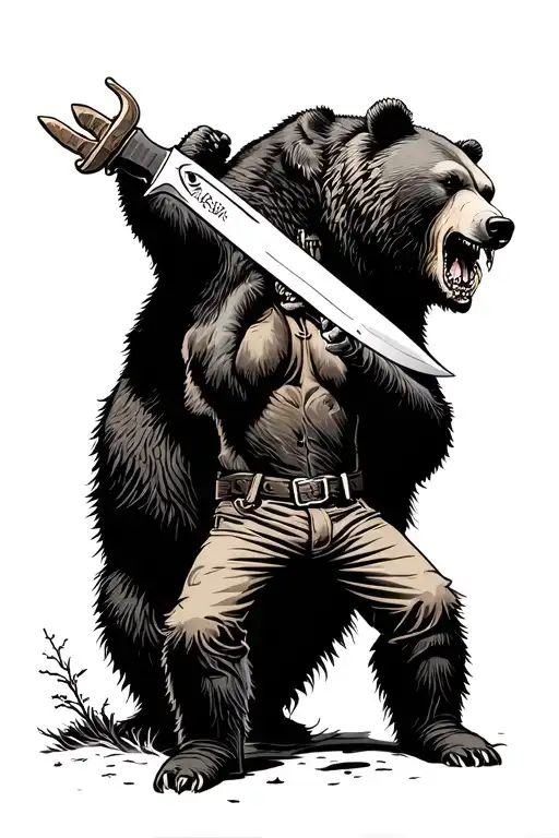 I want a back tattoo of an old western cowboy fighting a scary grizzly bear with a Bowie knife in black and gre tattoo design idea