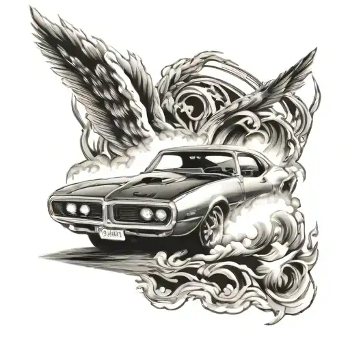 1968 pontiac firebird with smoke behind the car speeding tattoo design idea