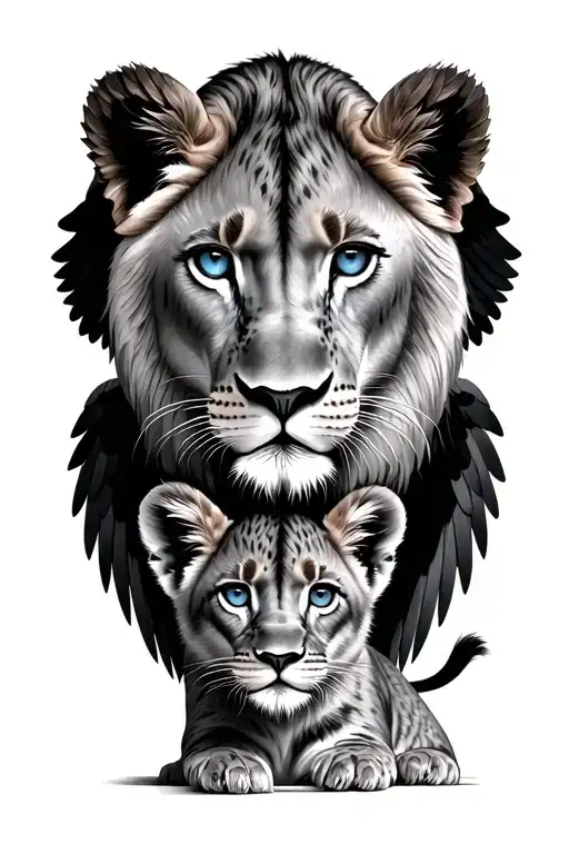 lioness & cub blues eyes with wings tattoo design idea
