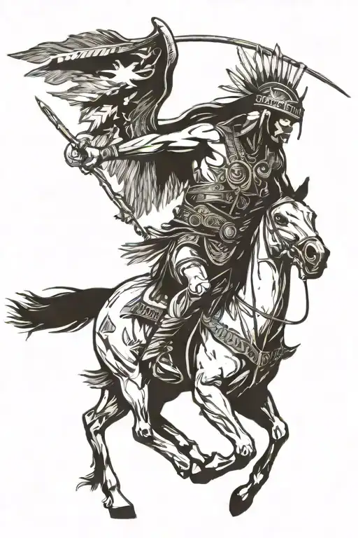 Make a tattoo image with an native american riding a horse , holding a spear on one hand and a scalp on the other tattoo design idea