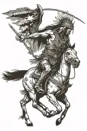 Make a tattoo image with an native american riding a horse , holding a spear on one hand and a scalp on the other tattoo design idea
