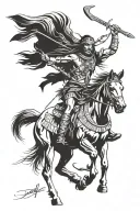 Make a tattoo image with an native american riding a horse , holding a spear on one hand and a scalp on the other tattoo design idea