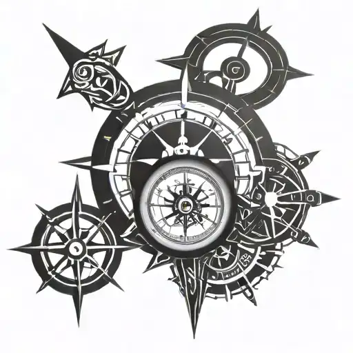 clock and compass tattoo design idea