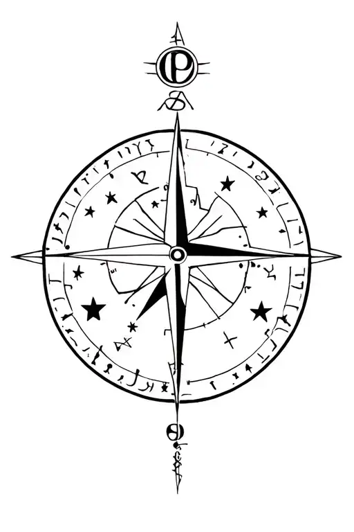 sun, moon, stars, Libra, Aries, Sagittarius, compass and clock merged tattoo design idea