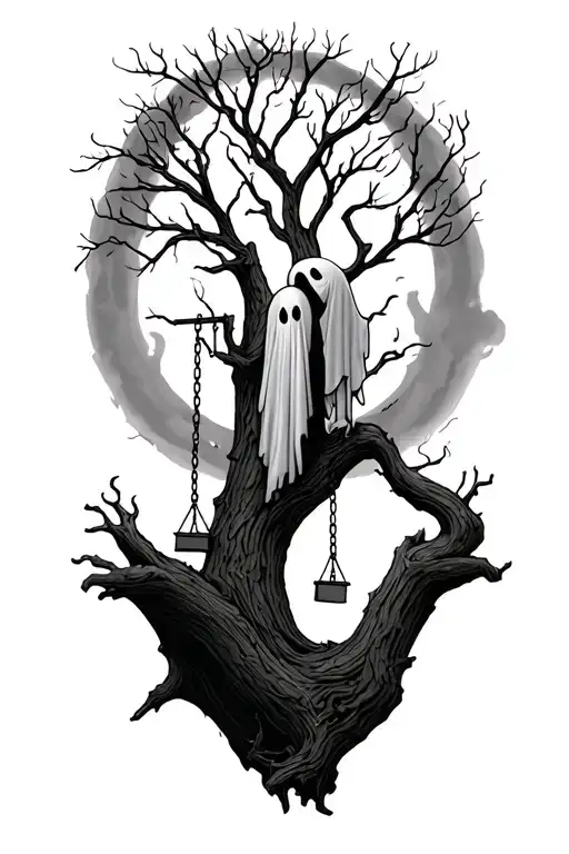 ghost and swing set of tree branch tattoo design idea