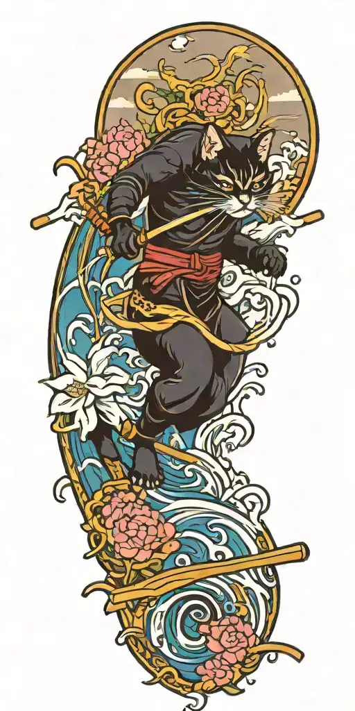 ninja cat surfing on a katana sword, tail, water, waves, lotus, sakura, clouds, whirlpool, leaves, peony tattoo design idea