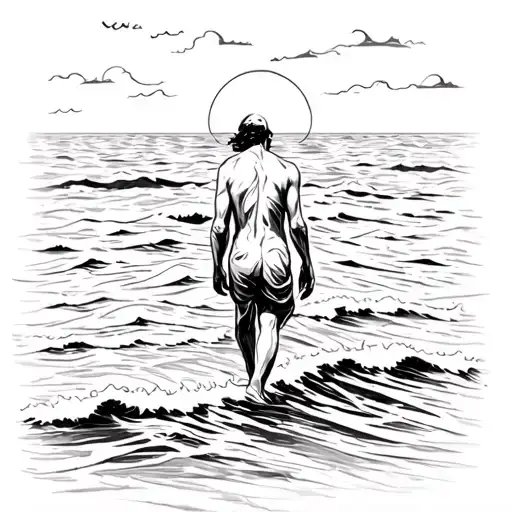 lone figure walking lightly across calm ocean waves, abstract flowing lines, freedom and surrender tattoo design idea
