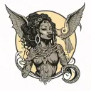 african goth fairy woman with crescent moon necklace tattoo design idea