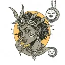 african goth fairy woman with crescent moon necklace tattoo design idea