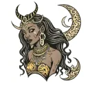 african goth fairy woman with crescent moon necklace tattoo design idea
