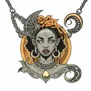 african goth fairy woman with crescent moon necklace tattoo design idea