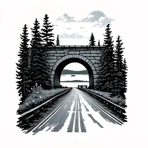 Forearm tattoo of a road leading to a tunnel with a lake and trees in the background  tattoo design idea