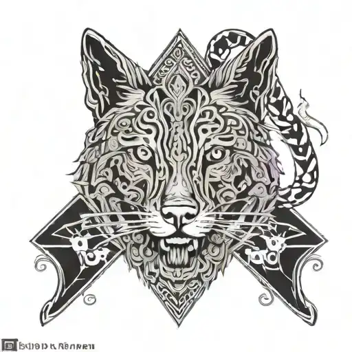 A captivating tattoo blending archaeological artifacts with mythical creatures like snakes and wolves, in a blackwork style tattoo design idea