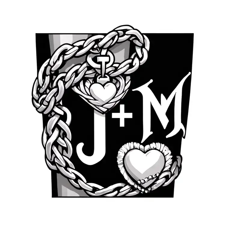 celtic chain wrapping ankle with heart pendant and J+M initials tattoo design idea