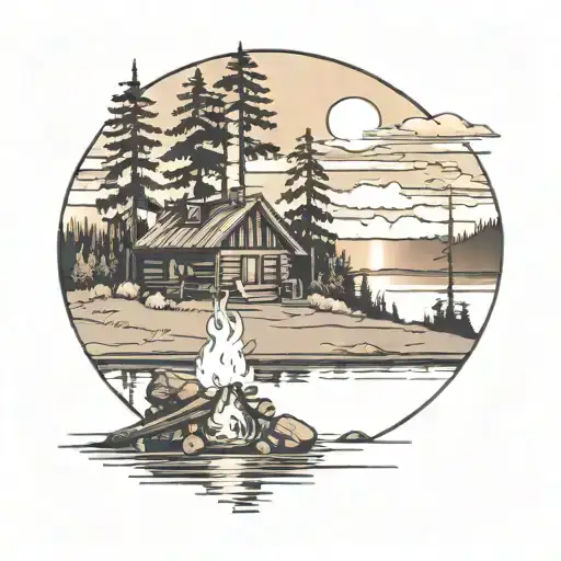 log cabin under sunset with bonfire near a lake tattoo design idea