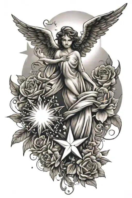 sunrise, flowerlife, angel and 2 stars forming tattoo design idea