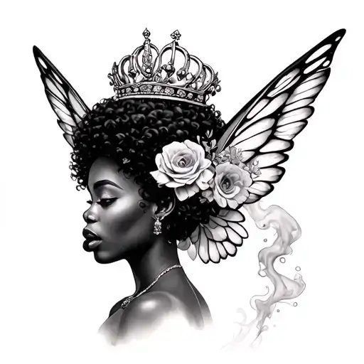 Afro hair, fairy wings, queen crown, flowers no roses, lips with smoke coming out of mouth, full body, plus size tattoo design idea
