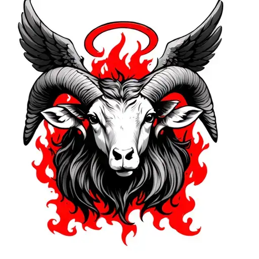 half ram head half Aries zodiac sign with red fire in background and angel halo on top tattoo design idea