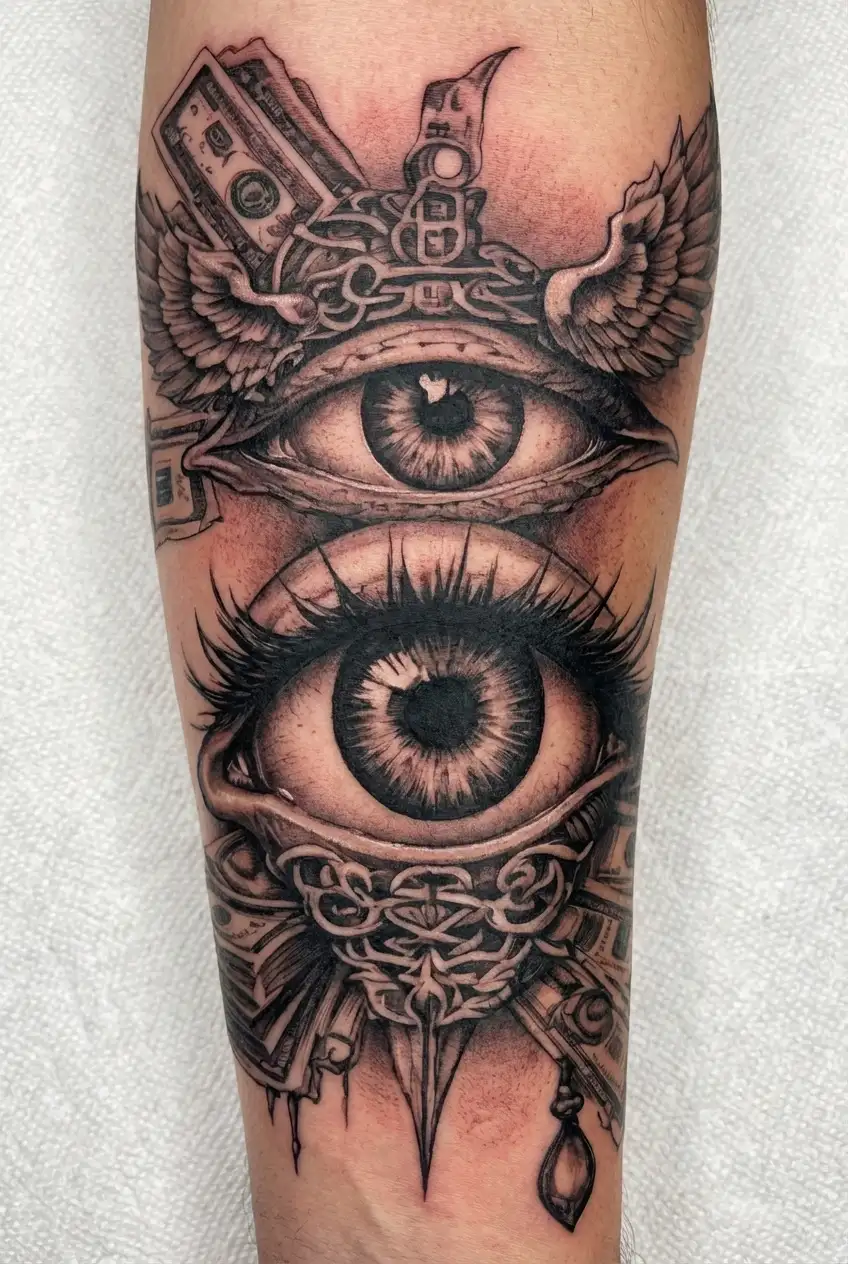 eye of lucifer and money tattoo design idea