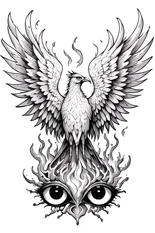 burning wing of a phoenix rising from the ashes symbolizing rebirth, sharingan eyes tattoo design idea
