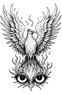 burning wing of a phoenix rising from the ashes symbolizing rebirth, sharingan eyes tattoo design idea