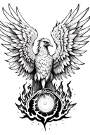 burning wing of a phoenix rising from the ashes symbolizing rebirth, sharingan eyes tattoo design idea