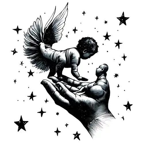 hand outstretched to baby but the baby flies to the stars tattoo design idea