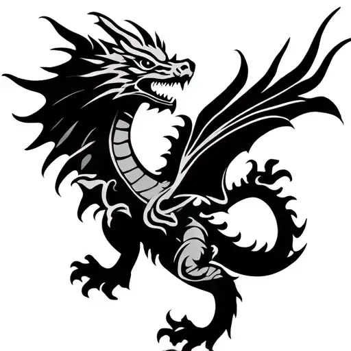 stencil of western dragon flying tattoo design idea