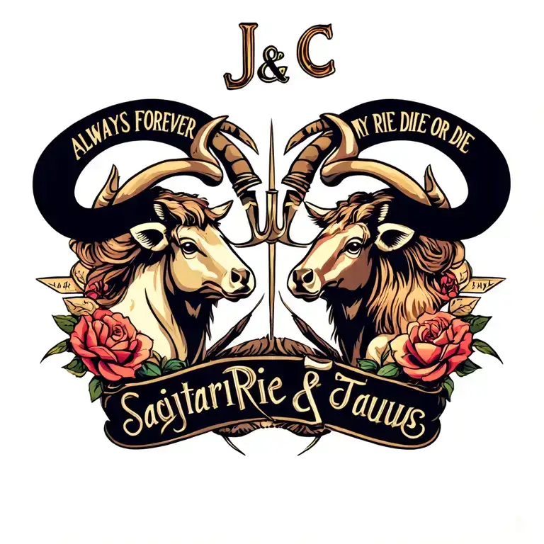 "JJ&CJ" always and forever my ride or die Sagittarius and Taurus  tattoo design idea