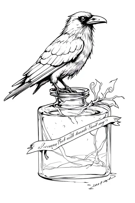 A Raven, A Quill with Ink Bottle, A Script with I became insane with long intervals of horrible sanity tattoo design idea