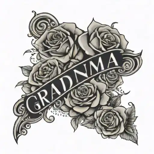 forearm tatto of lettering Grandma Marry surrounded by roses and a cross tattoo design idea