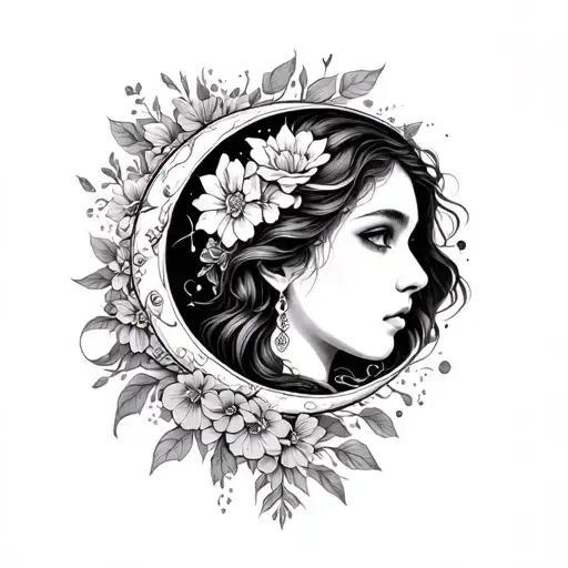 freya, moon, floral lady head tattoo design idea