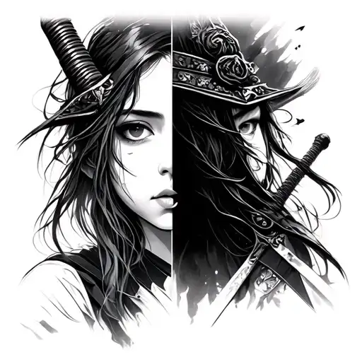half of face girl and other half samurai sword tattoo design idea