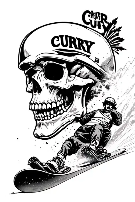 skull on a snowboard going down mountain, incorporating the name "CURRY" in some way  tattoo design idea