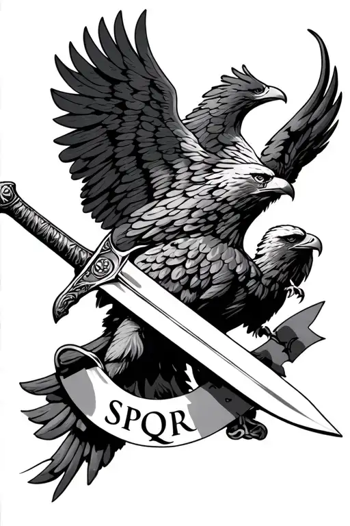 an SPQR banner wraps around a Roman gladius (short sword), with a legionary eagle (Aquila) spreading its wings behind  tattoo design idea